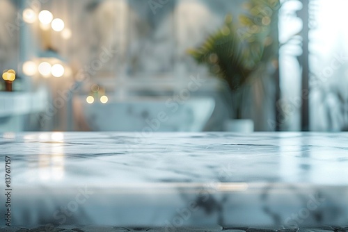 Close up of a marble table top with blur background. Concept of a modern bathroom with bath tube, copy space. Generative Ai © FDStock