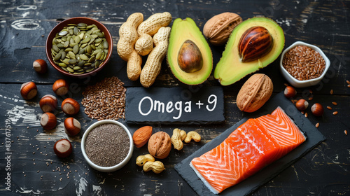 Healthy Foods Rich in Omega-9 Fatty Acids with Chalkboard Sign. photo