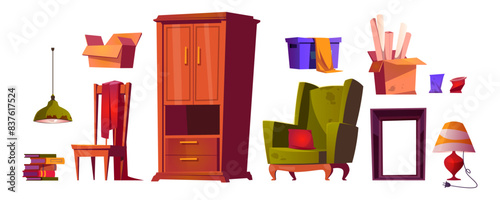 Old messy home living room interior furniture and equipment. Cartoon vector illustration set of armchair and lamp with stains, wooden cupboard and chair, boxes with stuff and garbage paper cup.