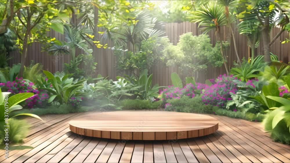 Wooden podium surrounded by lush greenery, perfect for showcasing products. Concept Product Display, Natural Setting, Wooden Podium, Greenery, Showcase Products