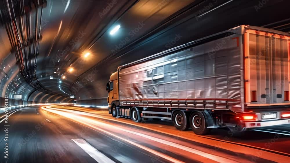 Semi truck with bright lights driving through tunnel at night. Concept Truck, Bright Lights, Tunnel, Night, Transportation Semi truck with bright lights driving through tunnel at night. Concept Truck, Bright Lights, Tunnel, Night, Transportation