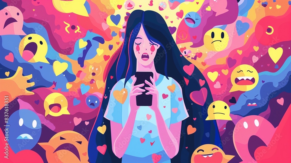 An abstract representation of a woman entranced by her phone, surrounded by reactions and emojis, illustrating the overwhelming nature of the attention economy.