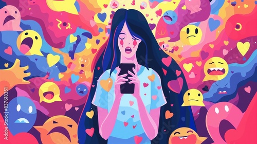 An abstract representation of a woman entranced by her phone, surrounded by reactions and emojis, illustrating the overwhelming nature of the attention economy.