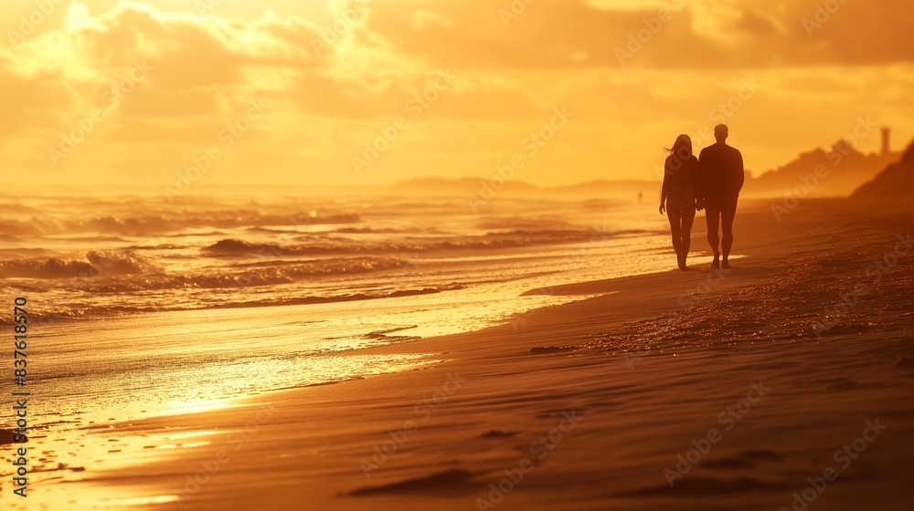 Fototapeta premium Warm-toned image of a couple walking hand in hand on the beach during a stunning golden sunset