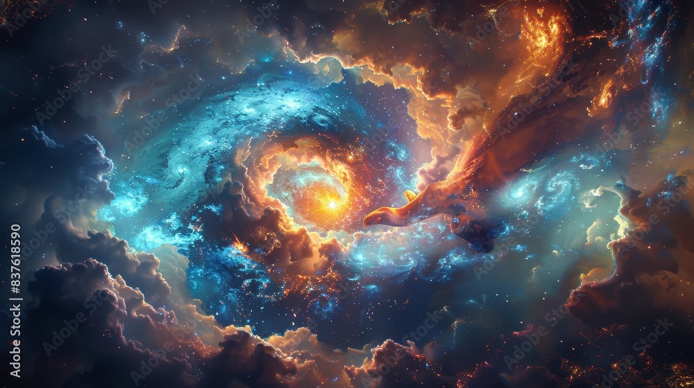 Cosmic nebula with bright orange and blue hues and glowing stars Cosmic nebula with bright orange and blue hues and glowing stars
