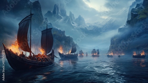 Seascape with a Viking ship battling a storm, evoking themes of courage, adventure and mythology