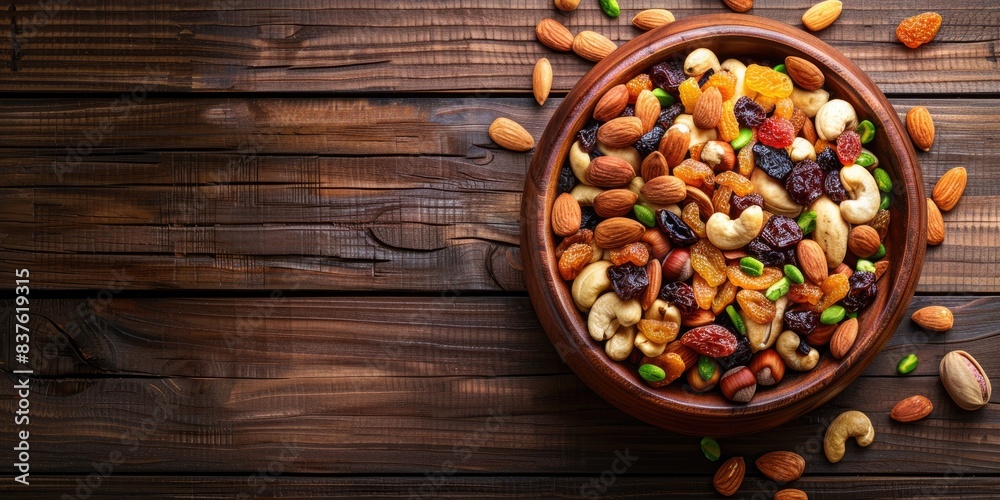 Mixed nuts and dried fruits in wooden bowl on wooden background. Healthy snack, mix of organic nuts and dry fruits Mixed nuts and dried fruits in wooden bowl on wooden background. Healthy snack, mix of organic nuts and dry fruits