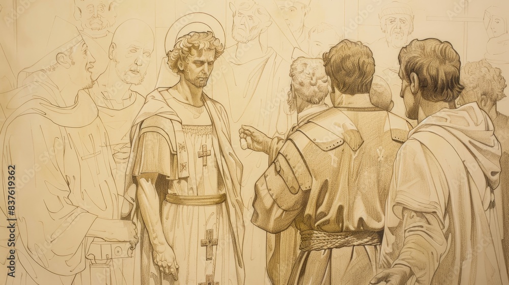 Obraz premium Saint Lawrence of Rome Standing Before Persecutors, Courage and Faith, Beige Background Copyspace