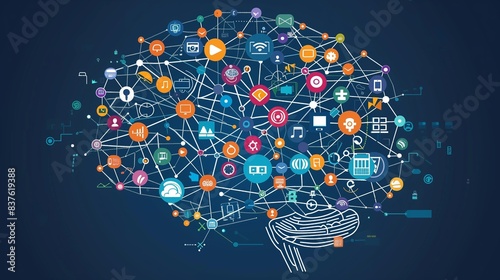 Illustrate a brain made of interconnected data lines and media icons, bursting out in all directions to signify excessive media consumption.