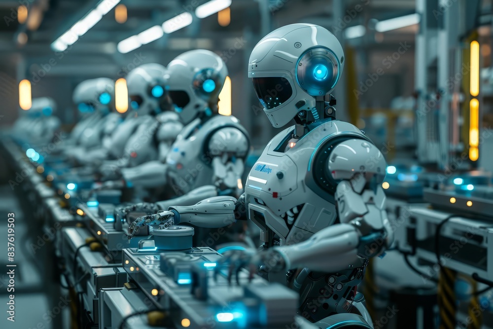 An assembly line of robots manufacturing hightech gadgets, industrial setting, highly detailed, monochromatic with blue highlights, 3D illustration An assembly line of robots manufacturing hightech gadgets, industrial setting, highly detailed, monochromatic with blue highlights, 3D illustration