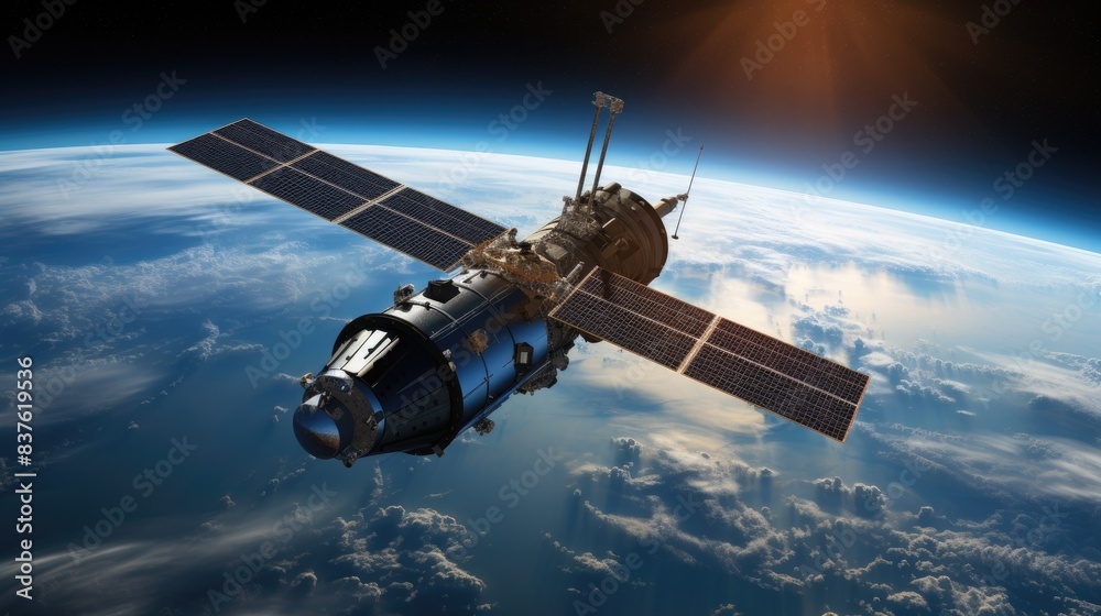 Naklejka premium Satellite orbiting over Earth in space