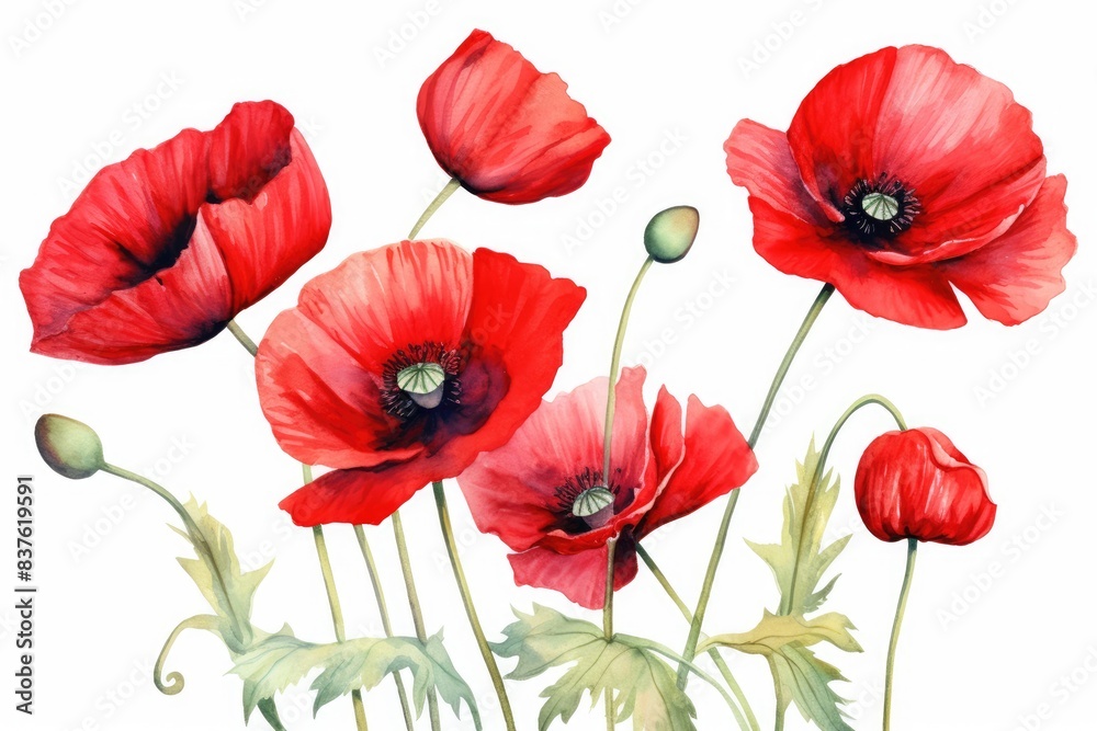 Fototapeta premium Watercolor painting of red poppies on white background.