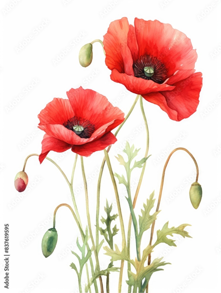 Obraz premium Watercolor painting of red poppies on white background.