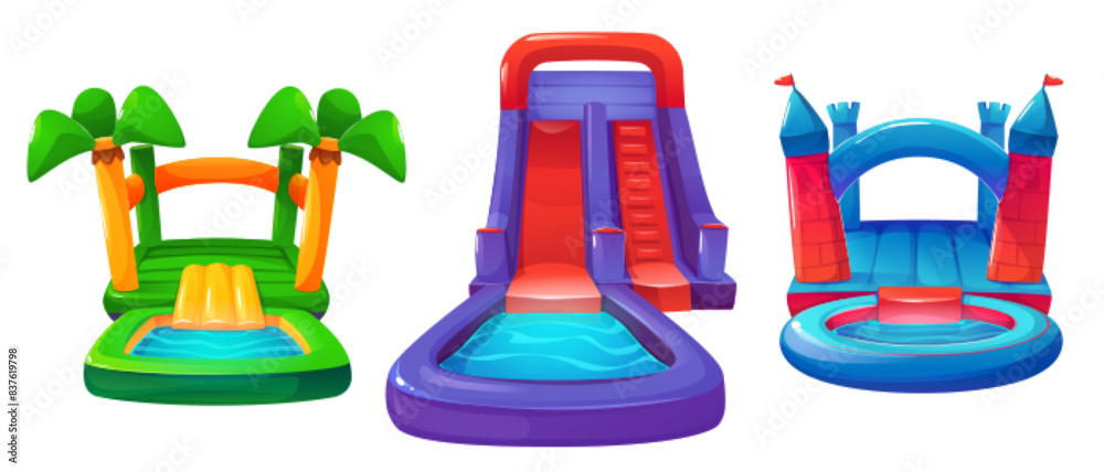 Fototapeta premium Inflatable aquapark children water slide in shape of castle with tower, beach with palm trees with swimming pool. Cartoon vector set of bouncy amusement waterpark trampoline for kid play activity.