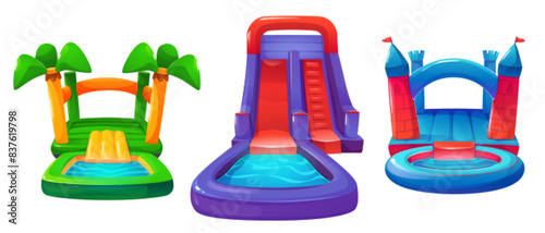 Inflatable aquapark children water slide in shape of castle with tower, beach with palm trees with swimming pool. Cartoon vector set of bouncy amusement waterpark trampoline for kid play activity.