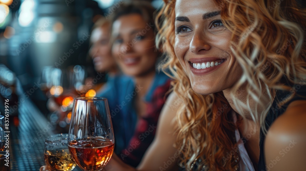 Smiling women enjoying drinks at a bar, celebrating friendship and having a great time together in a lively atmosphere. Smiling women enjoying drinks at a bar, celebrating friendship and having a great time together in a lively atmosphere.
