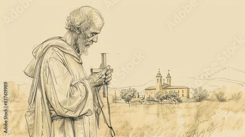 Devoted Saint Joseph of Arimathea praying with a cross, serene church background, holy atmosphere, beige background, Biblical Illustration, copyspace photo