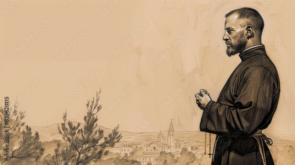 Fototapeta premium Saint Maximilian Kolbe in Franciscan habit with rosary, serene monastery background, deep faith and dedication. Biblical Illustration, Beige Background, copyspace.