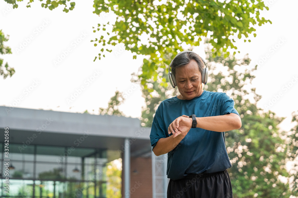 Mature man wearing sportswear using Smart Watch Showing Heart Rate Monitor. Old man with Technology for health and sport mode. Exercise and take statistics to develop your potential Mature man wearing sportswear using Smart Watch Showing Heart Rate Monitor. Old man with Technology for health and sport mode. Exercise and take statistics to develop your potential