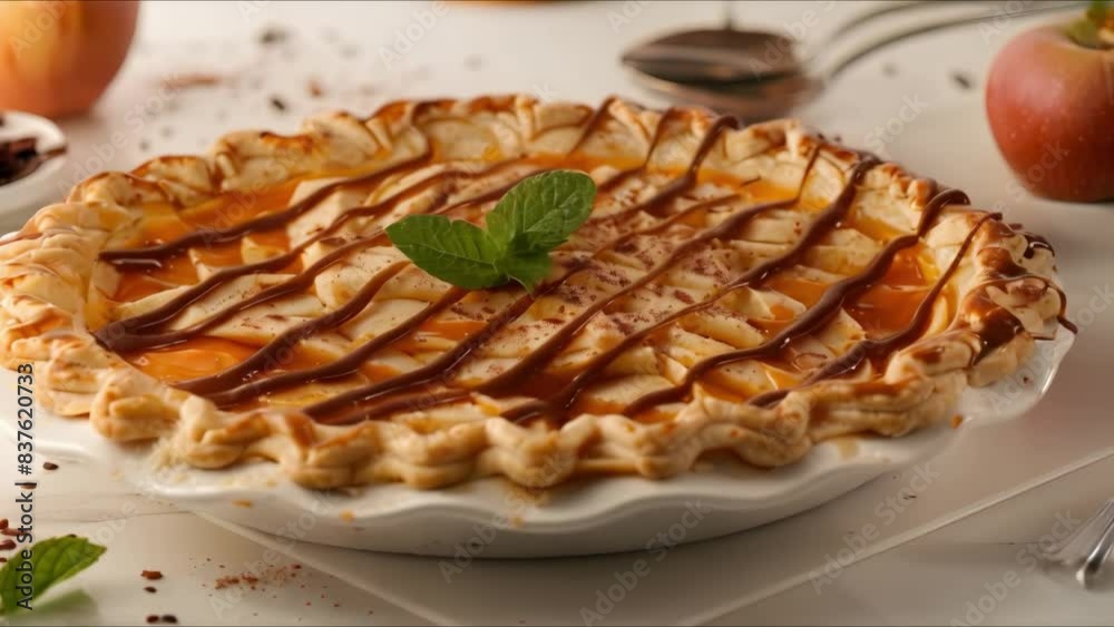 Capturing the Art of Apple Pie: A Professional Food Photography Session with Caramel Sauce and Mint. Concept Food Photography, Apple Pie, Caramel Sauce, Mint, Professional Session Capturing the Art of Apple Pie: A Professional Food Photography Session with Caramel Sauce and Mint. Concept Food Photography, Apple Pie, Caramel Sauce, Mint, Professional Session