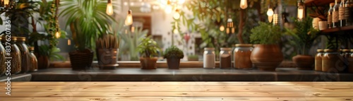 Smooth Bamboo Counter in Trendy Vegan Caf with Blurred Natural Backdrop