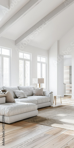 Minimalist living room interiors in neutral tones and natural lighting.
