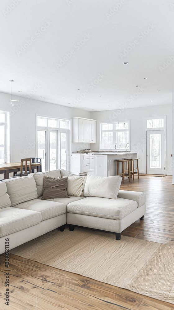 Minimalist living room interiors in neutral tones and natural lighting.