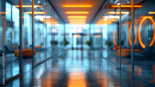 Wallpaper Mural Modern gray office with panoramic windows, glass partitions, and orange accents.generative ai Torontodigital.ca