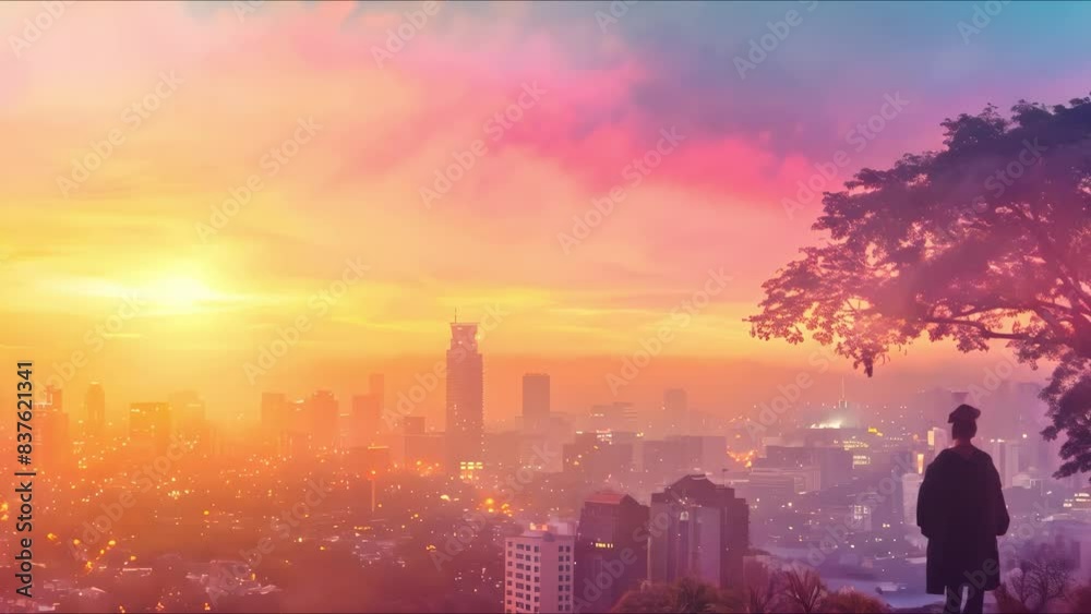 Graduate overlooks city at dawn symbolizing new beginnings and future opportunities. Concept Outdoor Photoshoot, Sunrise, Graduation, City View, New Beginnings Graduate overlooks city at dawn symbolizing new beginnings and future opportunities. Concept Outdoor Photoshoot, Sunrise, Graduation, City View, New Beginnings