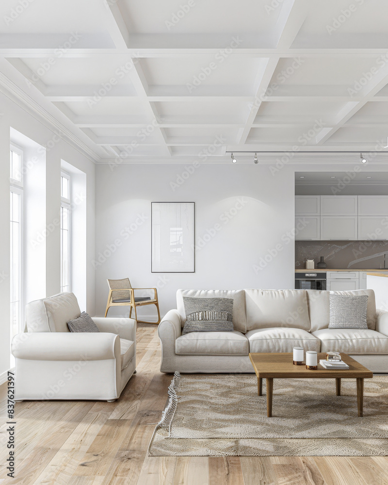 Fototapeta premium Minimalist living room interiors in neutral tones and natural lighting.