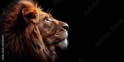 Majestic Lion s Captivating Profile with Textured Mane and Powerful Gaze Against Black Backdrop