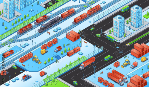 Cargo and shipping distribution center with containers and trucks, cars and railway with train. Isometric vector illustration of global logistic and delivery chain process. Large distributor company.