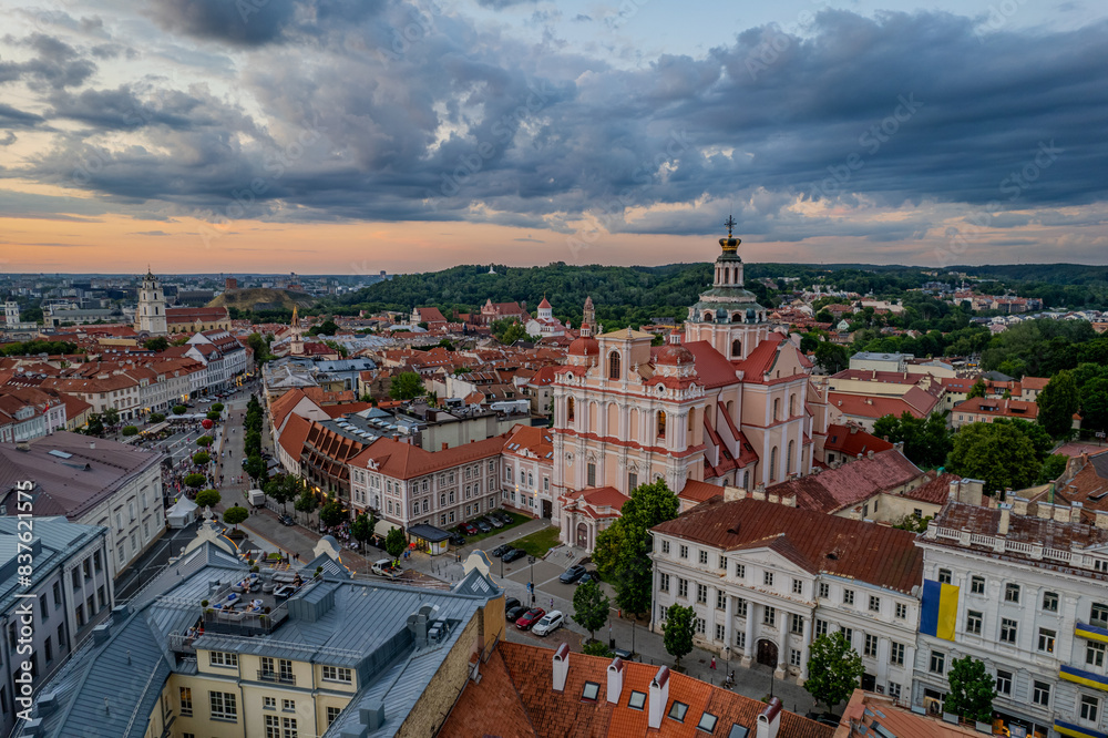 Fototapeta premium Aerial summer evening sunset view of Vilnius old town, Church of St. Casimir, Lithuania