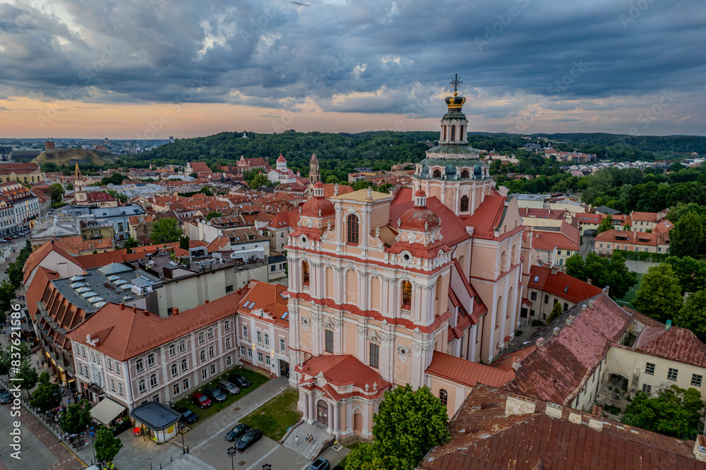 Aerial summer evening sunset view of Vilnius old town, Church of St. Casimir, Lithuania Aerial summer evening sunset view of Vilnius old town, Church of St. Casimir, Lithuania