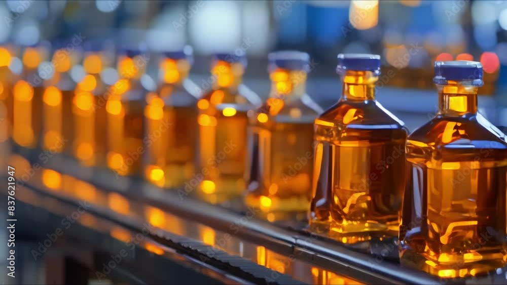 Glass bottles of vegetable oil move on conveyor belt in factory. Concept Food Industry, Factory Automation, Bottling Process, Conveyor System, Vegetable Oil Manufacturing Glass bottles of vegetable oil move on conveyor belt in factory. Concept Food Industry, Factory Automation, Bottling Process, Conveyor System, Vegetable Oil Manufacturing