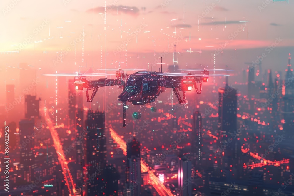 Autonomous AI drone, city skyline, digital interface, futuristic technology, holographic elements, high detail, 3D rendering, bright colors, dynamic composition, aerial view Autonomous AI drone, city skyline, digital interface, futuristic technology, holographic elements, high detail, 3D rendering, bright colors, dynamic composition, aerial view