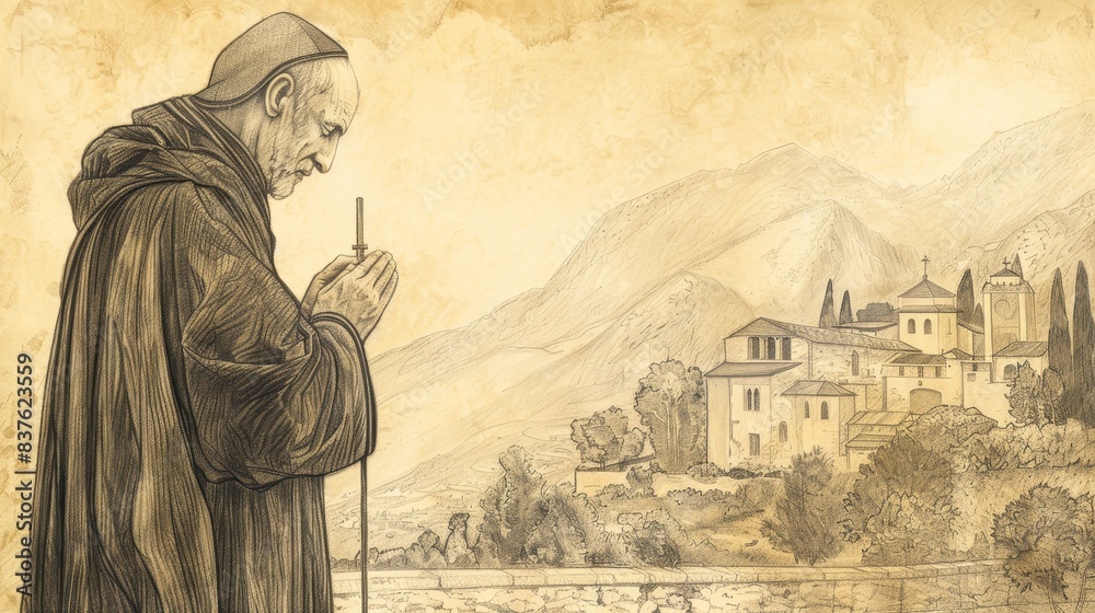 Fototapeta premium Devoted Saint Benedict of Nursia praying with a cross, serene monastery background, holy atmosphere, beige background, Biblical Illustration, copyspace