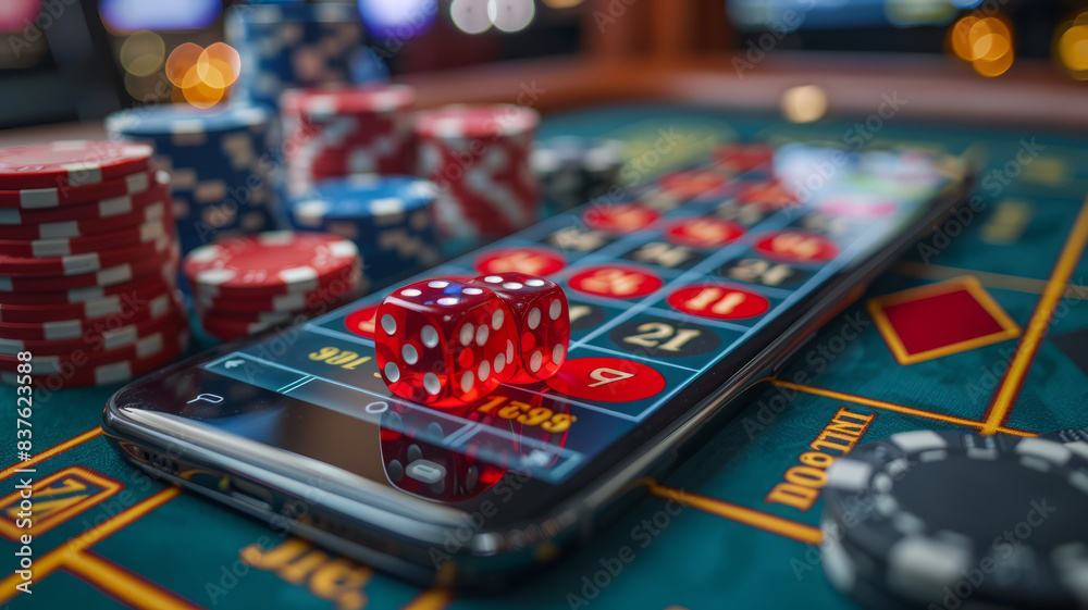 3D online casino with smartphone or mobile phone, dice, cards, and roulette on a green table.generative ai