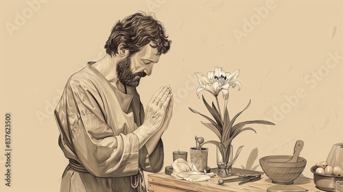 Joseph the Protector, Praying with Lily, Biblical Illustration, Beige Background, Copyspace