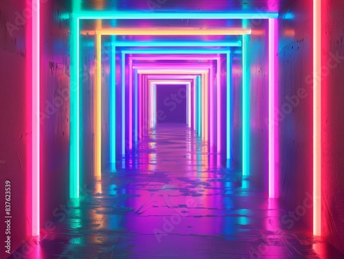 Neon Lit Tunnel With Geometric Shapes and vibrant colors creating a futuristic  sci-fi environment.