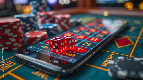 Obraz na płótnie 3D online casino with smartphone or mobile phone, dice, cards, and roulette on a green table.generative ai w salonie