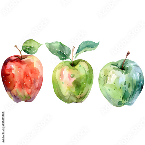 Set Apple on a white background watercolor hand drawing