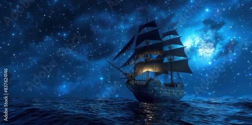 render of an old pirate ship sailing on ocean in the moonlight