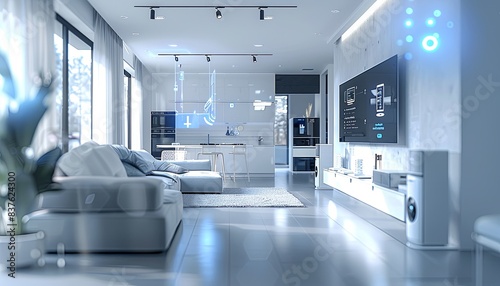 A modern living room with a white couch, a white kitchen, and a white television