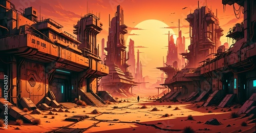 cyberpunk desert wasteland city sunset. post apocalyptic sci-fi lo-fi town futuristic buildings and skyscrapers. landscape with mountains in horizon.