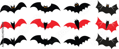 Set of sticker with mouse for Halloween decorations. Fill icons with animal from different sides flies, hangs, sleep. Bat horror icons. Flying fox night creatures isolated on transparent background.