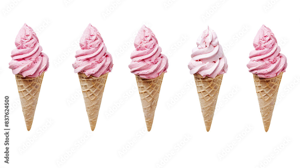 Creative layout of colorful ice cream scoops on a transparent background, featuring various flavors like vanilla, chocolate, and strawberry. Capturing the essence of a perfect summer dessert with a re