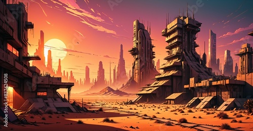 cyberpunk desert wasteland city sunset. post apocalyptic sci-fi lo-fi town futuristic buildings and skyscrapers. landscape with mountains in horizon.