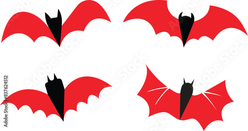 Set of sticker with mouse for Halloween decorations. Red Fill icons with animals from different sides flies, hangs, sleep. Bat horror, Flying fox night creatures isolated on transparent background.