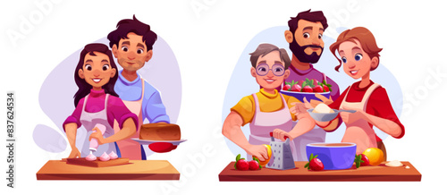 Family cooking together. Young couple prepare cake and father, mother and son making strawberry dessert. Cartoon vector illustration set of people in apron cook confectionery for breakfast or dinner